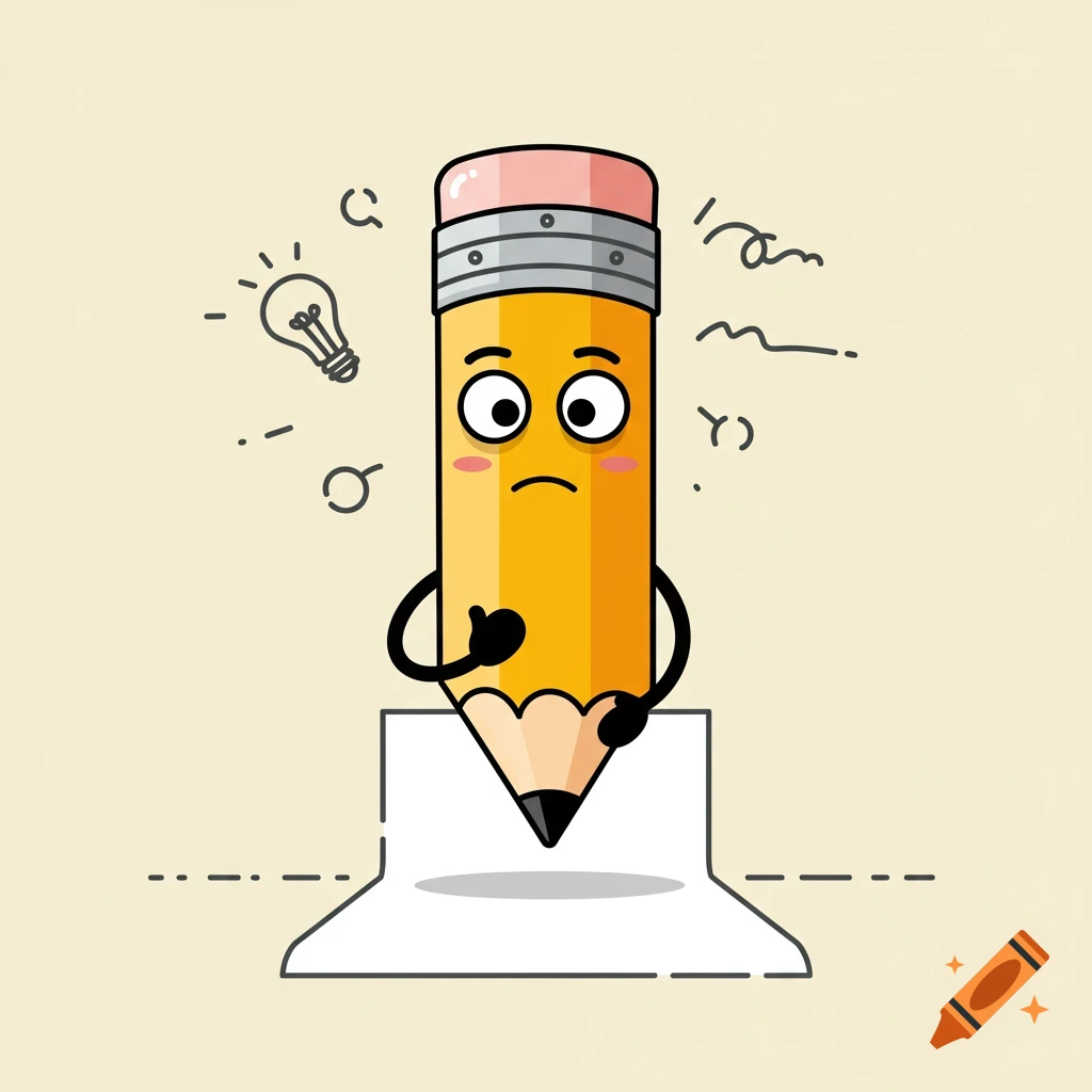 Cartoon pencil character with a thoughtful expression, surrounded by a lightbulb and scribbled lines, pondering what to write.
