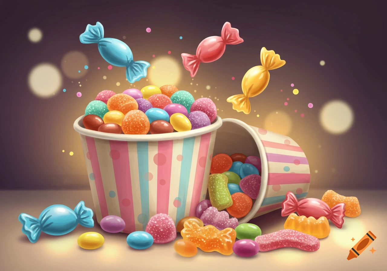 Colorful candies spill from striped paper cups, with individually wrapped candies floating around, against a dark bokeh background.