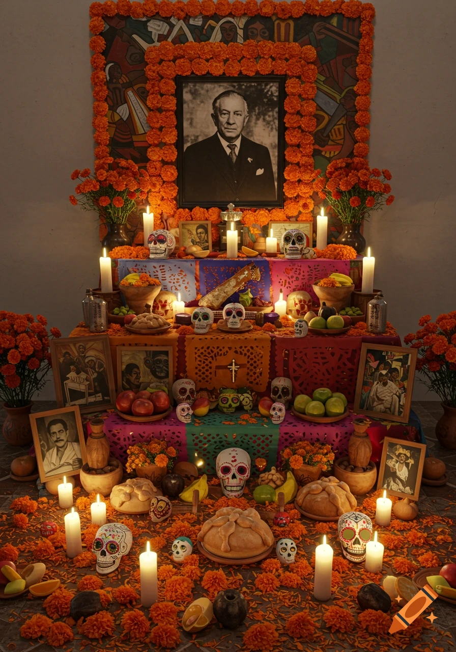 A detailed Day of the Dead altar with a portrait of Diego Rivera, marigolds, candles, sugar skulls, fruit, and bread.