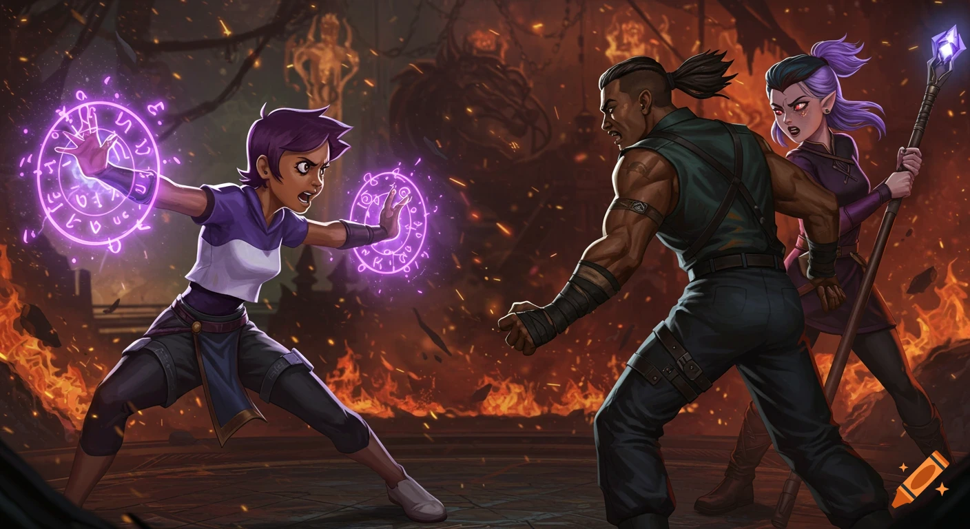A female character with purple hair casts a purple spell, facing a muscular man and an angry elf woman with a staff in a fiery arena.