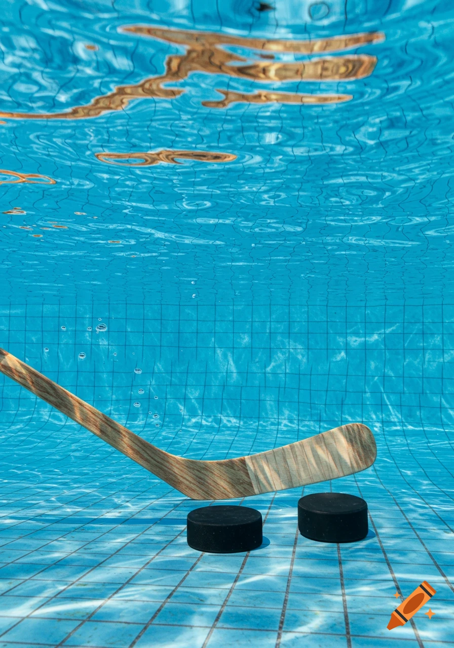 Photorealistic image of a hockey stick and two pucks on a tiled pool bottom, viewed from underwater.