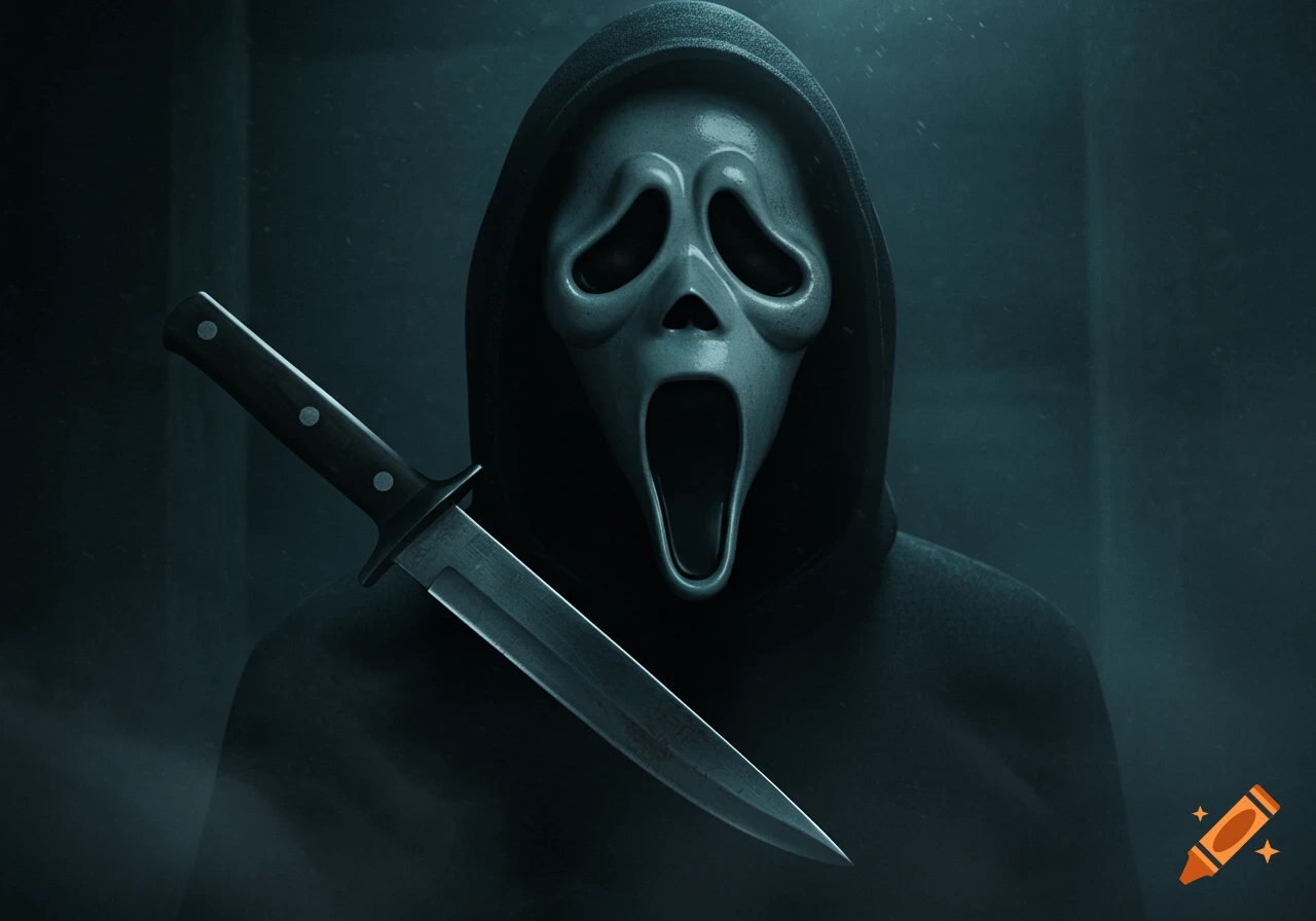 Photorealistic close-up of Ghostface wearing a black hooded robe, holding a knife, in a dark, foggy, cinematic horror scene.