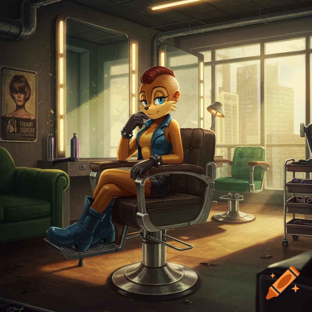 Sally Acorn, with a buzzcut and blue boots, sits in a barber's chair in a sunlit hair salon with large windows.