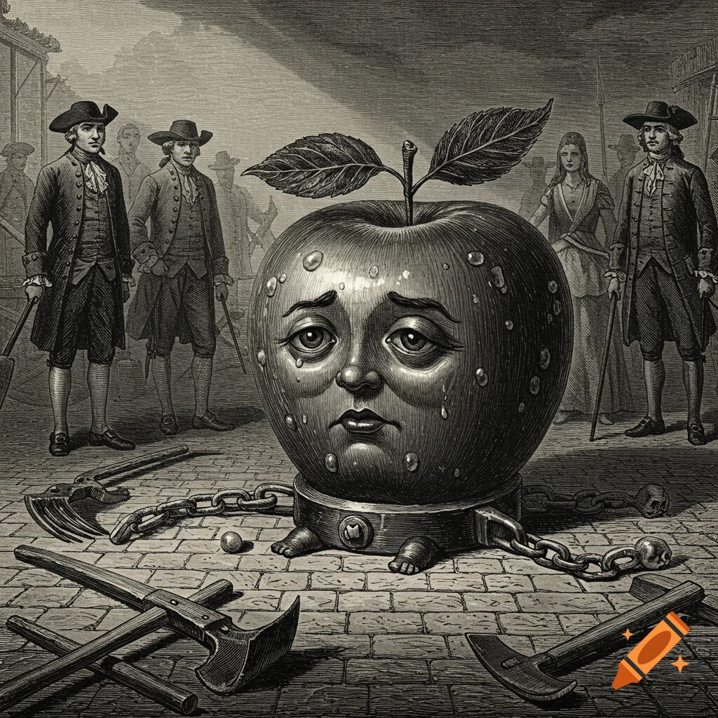 A black and white engraving depicts a large, crying apple with a human face, shackled on cobblestones, surrounded by 18th-century figures and tools.