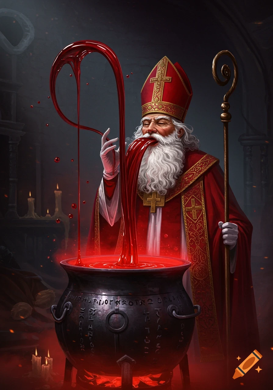 A dark fantasy illustration of St. Nicholas in red robes, with a white beard, drinking a thick, dark red liquid flowing from a large, glowing cauldron covered in runes.