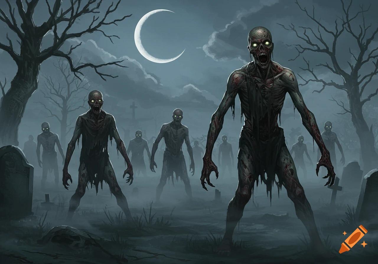 An army of scary, decomposing zombies with glowing eyes rises in a foggy cemetery under a crescent moon, digital art.