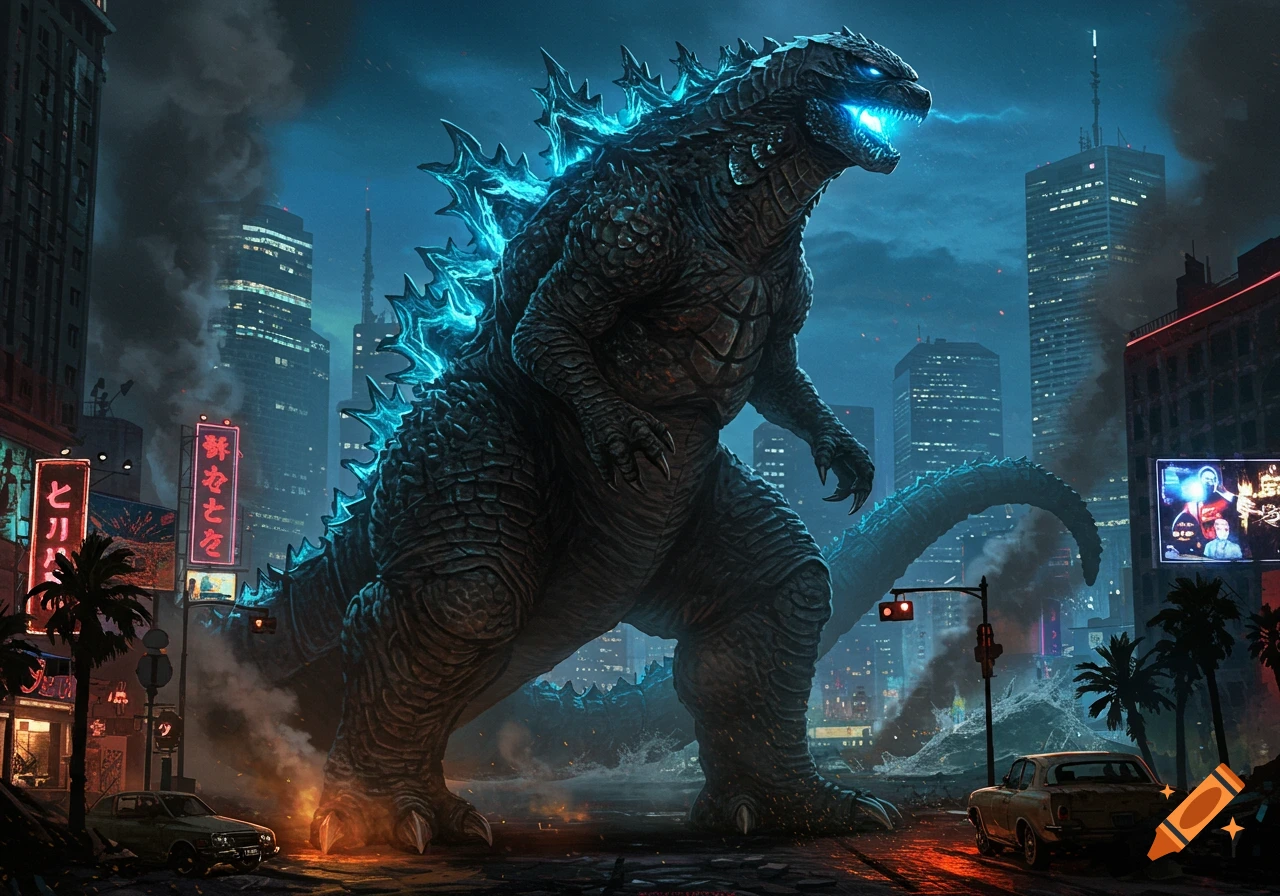 Godzilla, with glowing blue dorsal fins and mouth, stands colossal in a nighttime city amidst smoke and destruction.