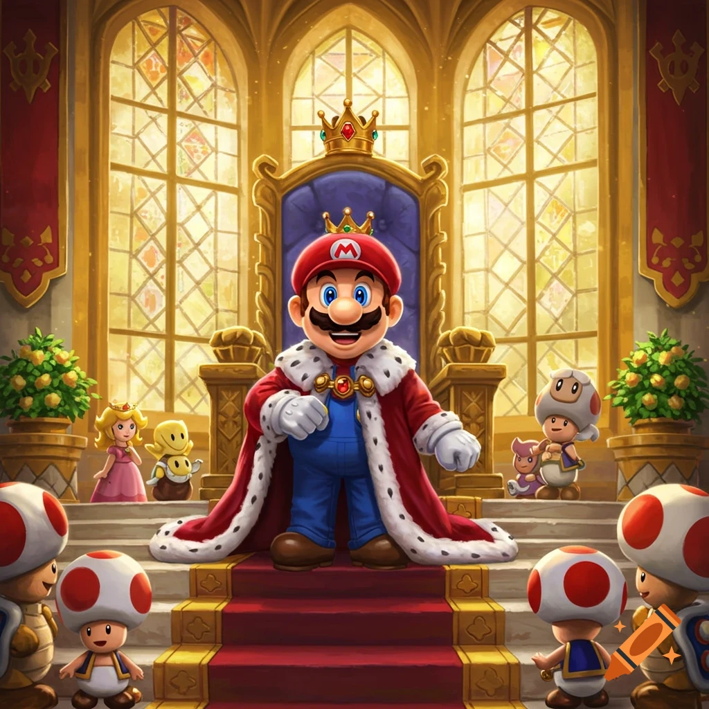 Mario in a king's robe and crown stands on a red carpet in a grand throne room with Princess Peach, Toad, and others.