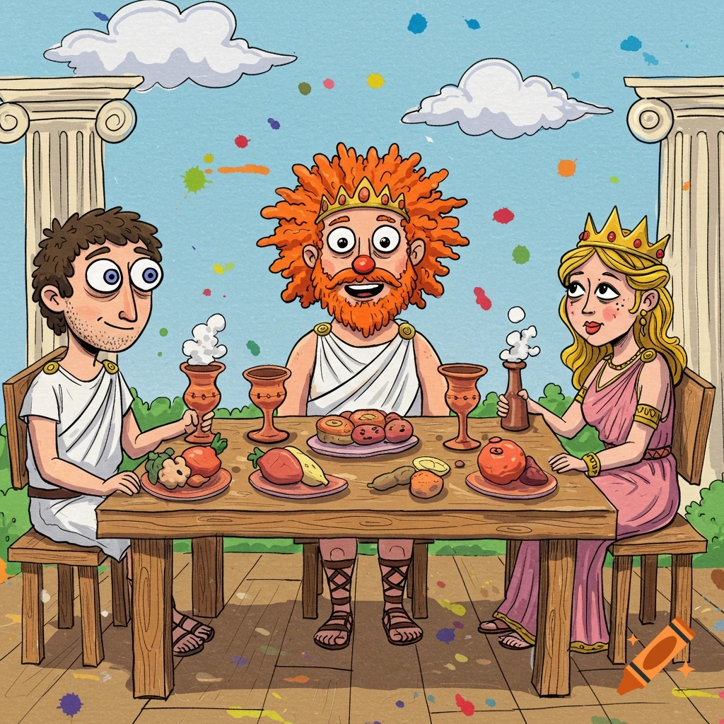 Cartoon of three mythological figures, including a red-haired king with a red nose, feasting at a table under a sky with colorful splatters.