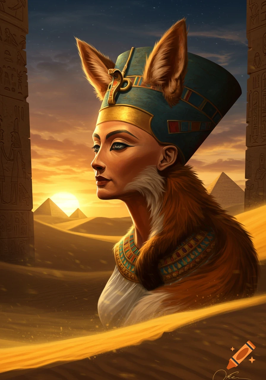 Stylized portrait of Nefertiti with fox ears and fur, wearing a pharaoh's crown, looking left in an Egyptian desert with pyramids at sunset. Digital art.