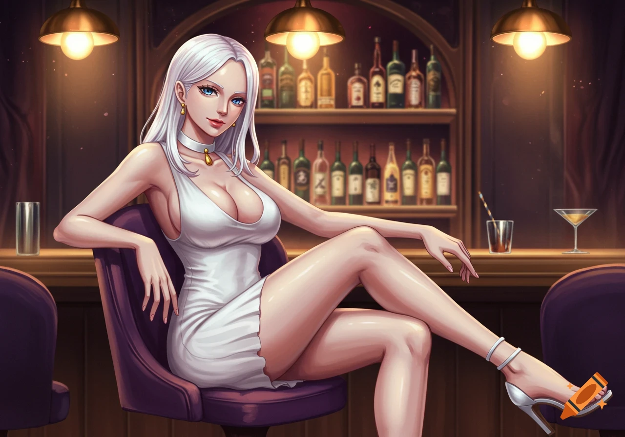 An anime woman with long white hair and blue eyes, wearing a white, low-cut mini dress, sitting on a lounge chair at a bar.