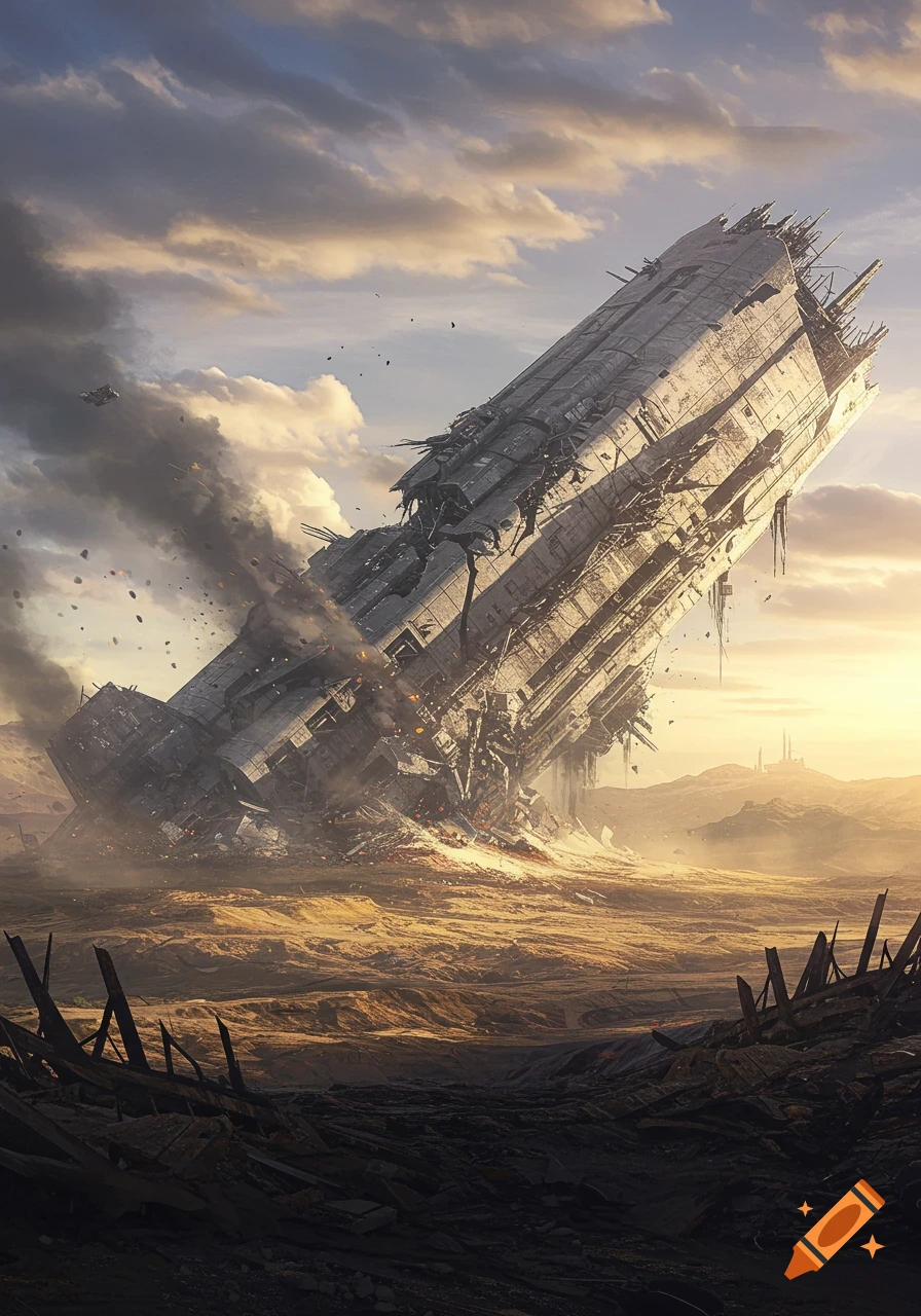 A massive, damaged spaceship is dramatically crashed into a desolate, sandy landscape under a cloudy sky at sunset, with smoke and debris.