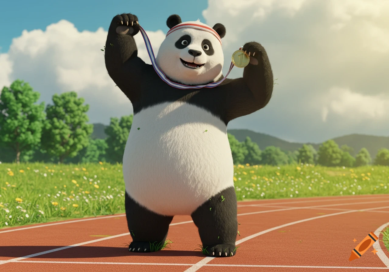 A sporty Studio Ghibli-style cartoon panda with a headband proudly holds up a gold medal with a '1' on a running track with a grassy field.