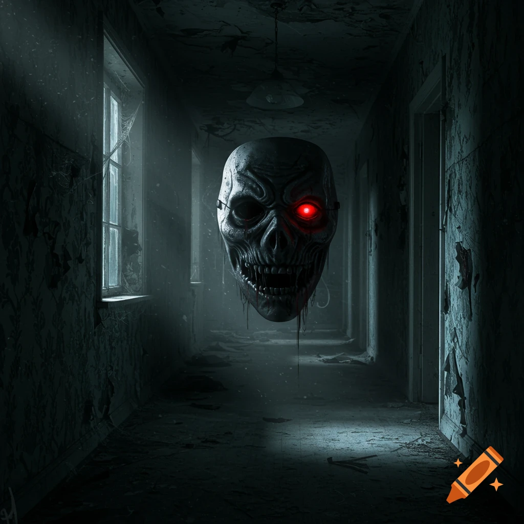A creepy, skull-like horror mask with a glowing red eye floats in a dark, dilapidated hallway with a window on the left.