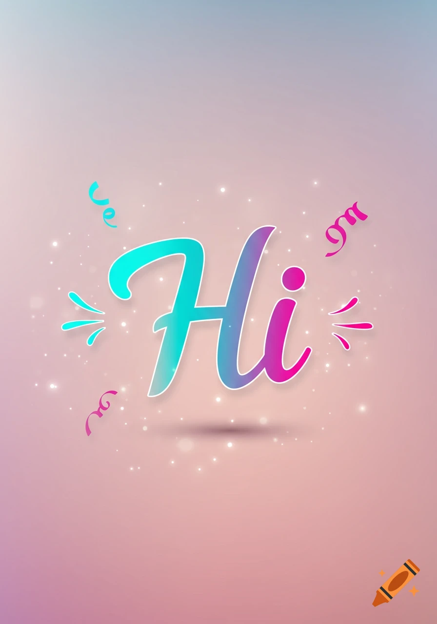 The word 'Hi' in a vibrant, gradient script font with sparkles and confetti on a soft pink and blue background.
