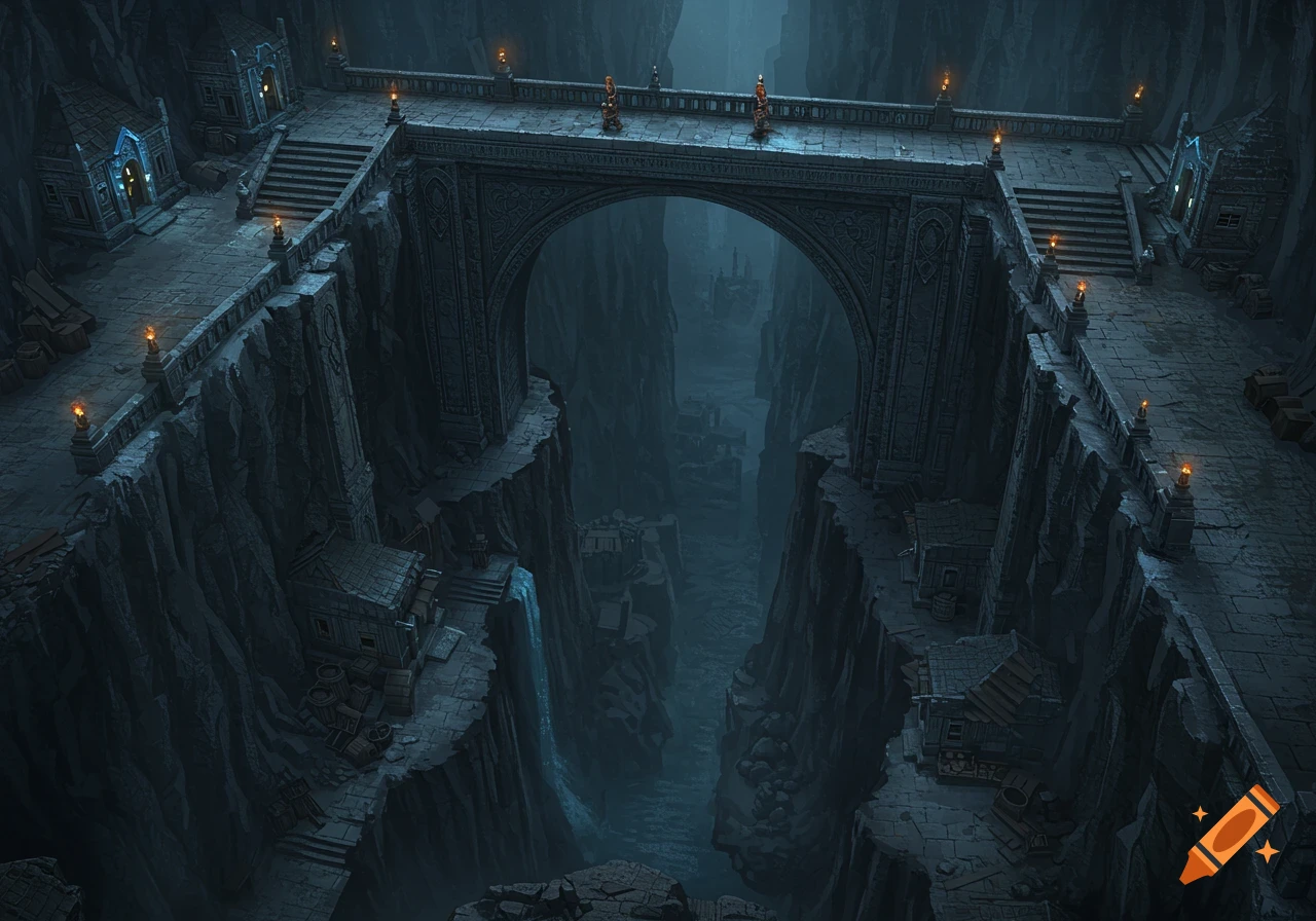 A top-down view of a massive dwarven stone bridge spanning a dark, underground chasm, with abandoned stone homes lining cliff walls.