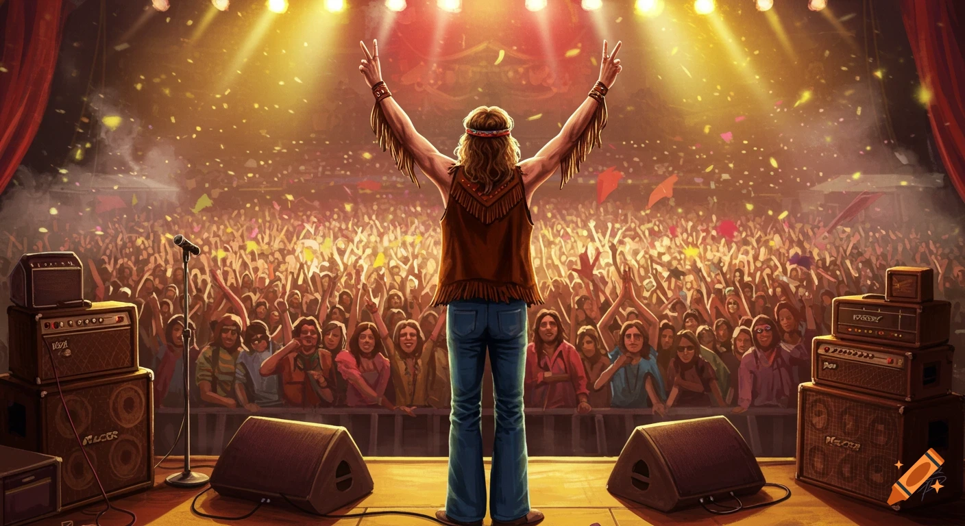 A long-haired person with arms raised in peace signs stands on stage, facing a cheering crowd at a 1970s rock festival, in an illustrative style.