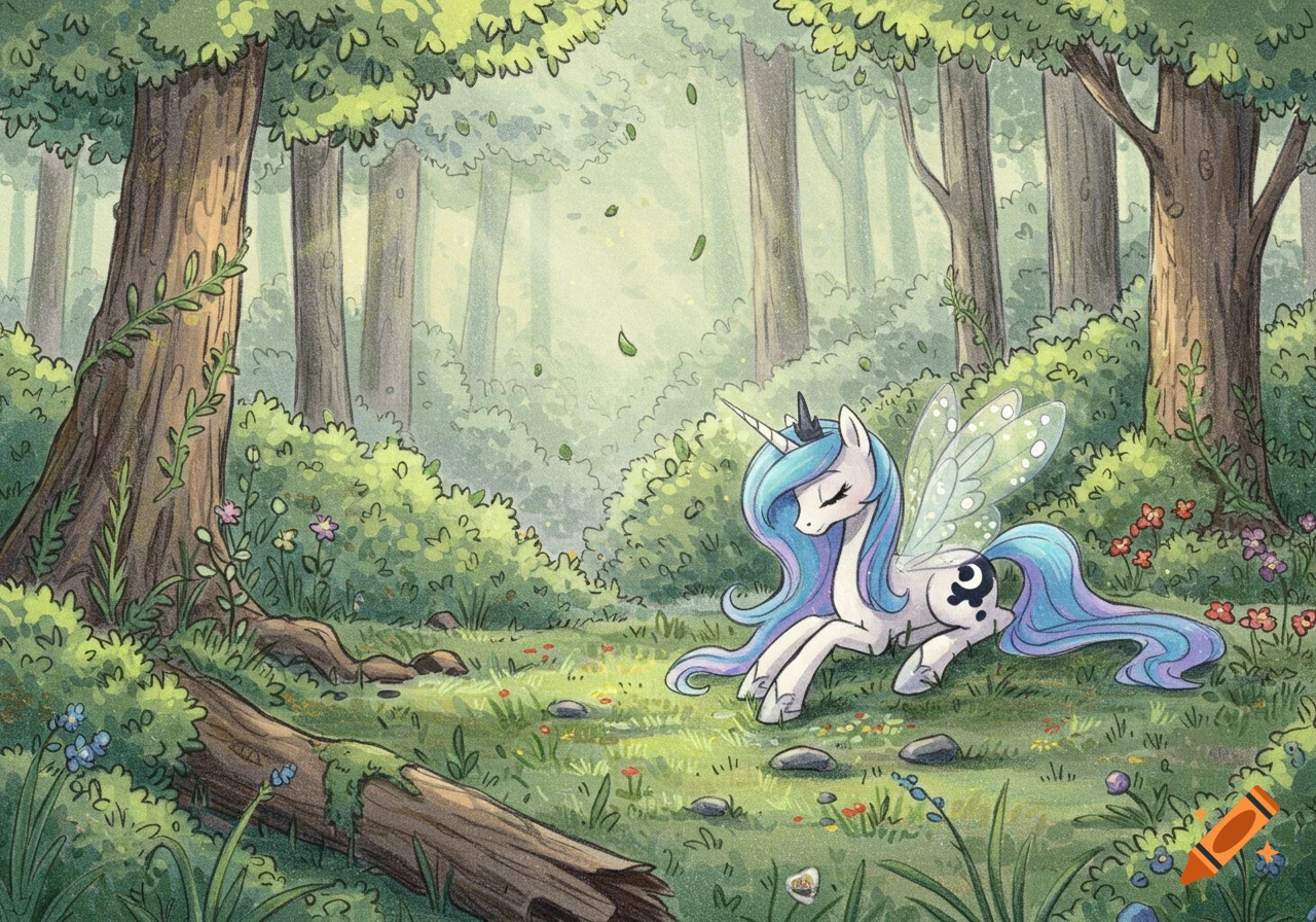 A hand-drawn, colored pencil sketch of a white unicorn with blue and purple mane and tail, resting in a magical forest at dawn.