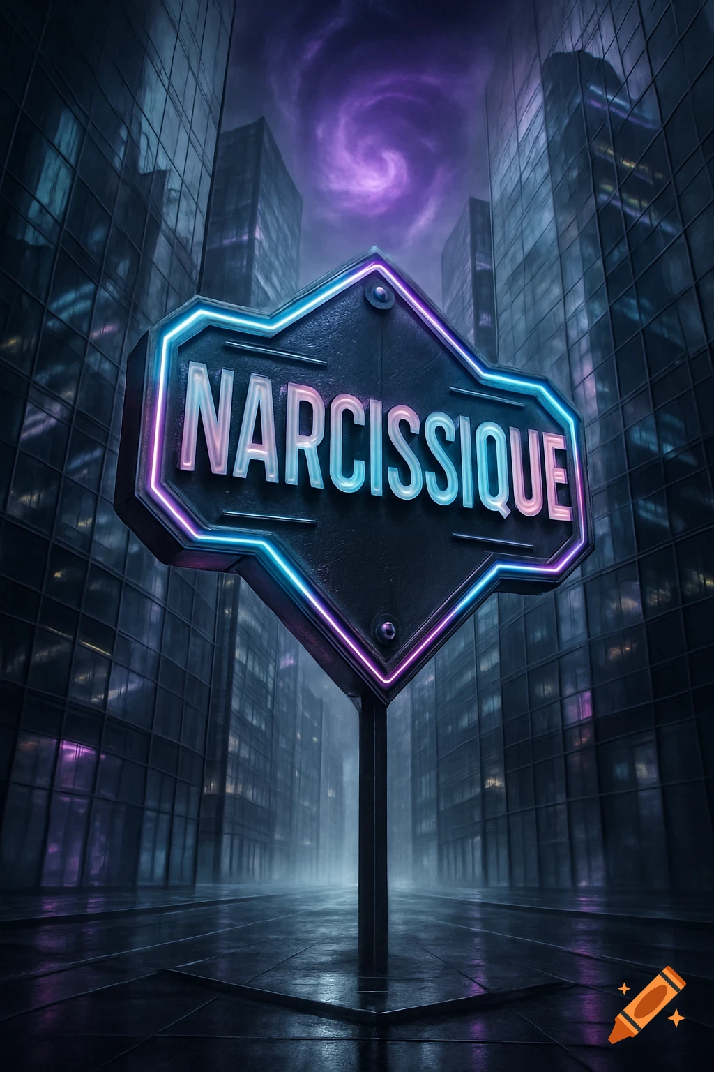 A neon sign displaying 'NARCISSIQUE' in blue and pink stands in a dark urban street with skyscrapers and a swirling purple sky.
