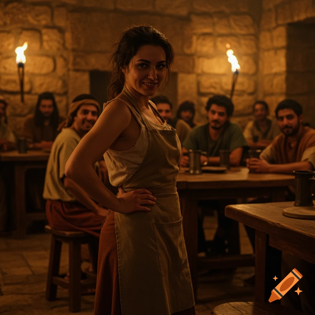 A smiling woman in an apron stands with hands on hips in a torchlit ancient tavern, photorealistic.