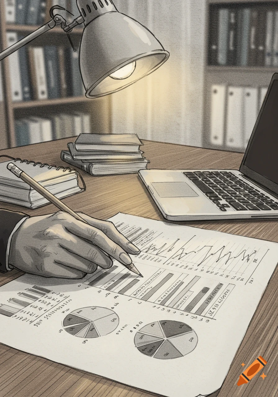A hand with a pencil analyzes various business charts on paper at a wooden desk under a lamp, with a laptop and books nearby, in a sketchy style.