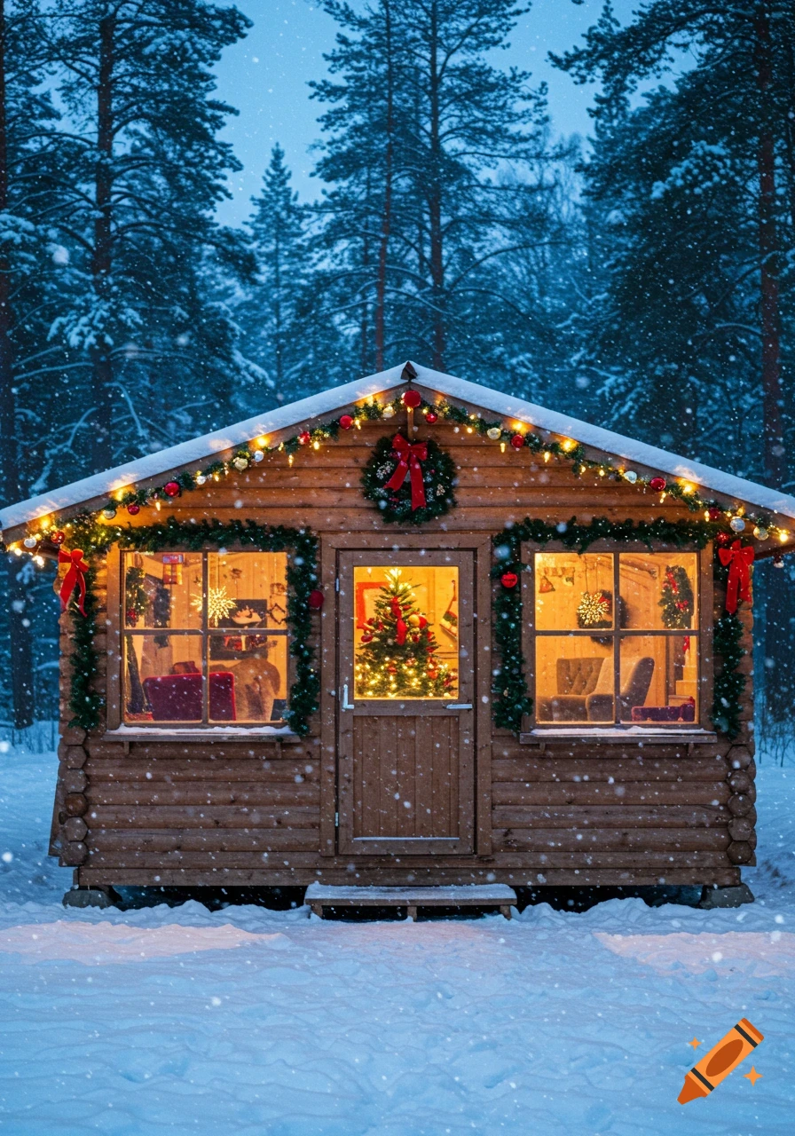 A cozy wooden cabin decorated with Christmas lights and wreaths, nestled in a snowy forest while snow falls. A lit Christmas tree is visible inside.