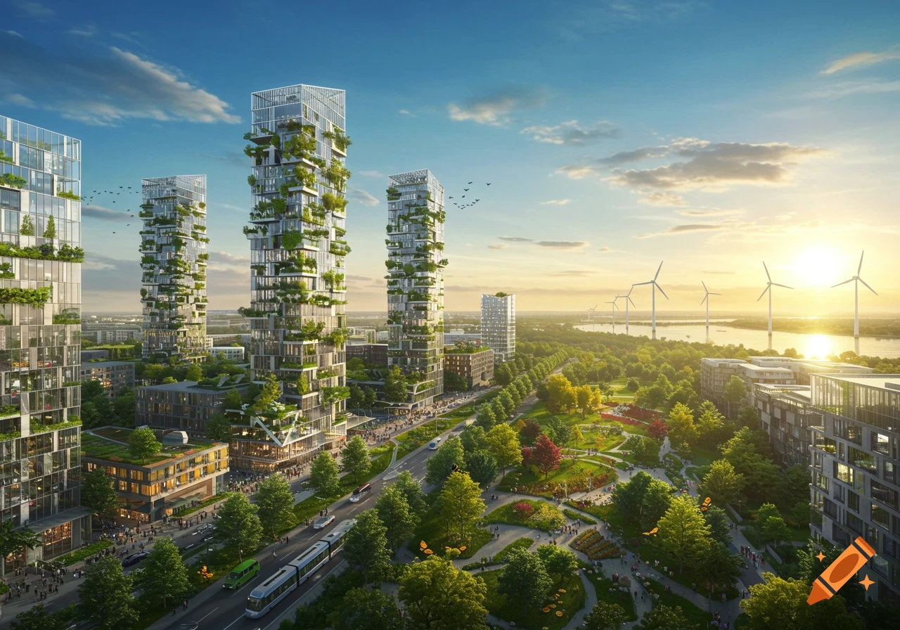 Photorealistic rendering of a sustainable city with green skyscrapers, parks, and wind turbines at sunset.