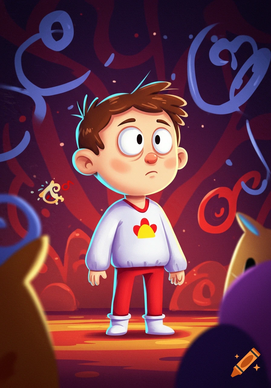 A wide-eyed cartoon boy in a white sweater and red pants looks confused ...