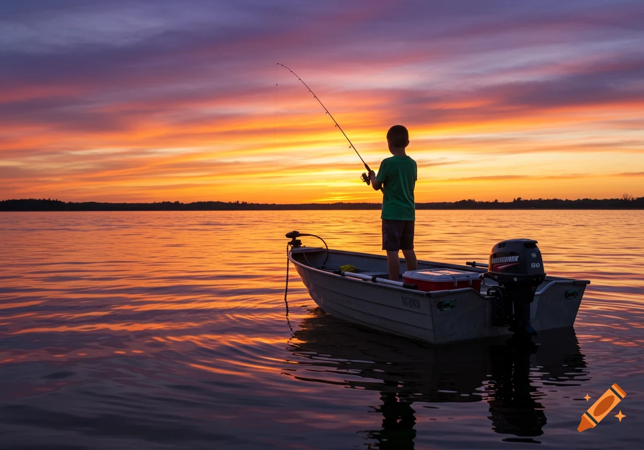A boy stands in a small boat, fishing at sunset on a calm lake, with vibrant orange and purple sky reflecting on the water.