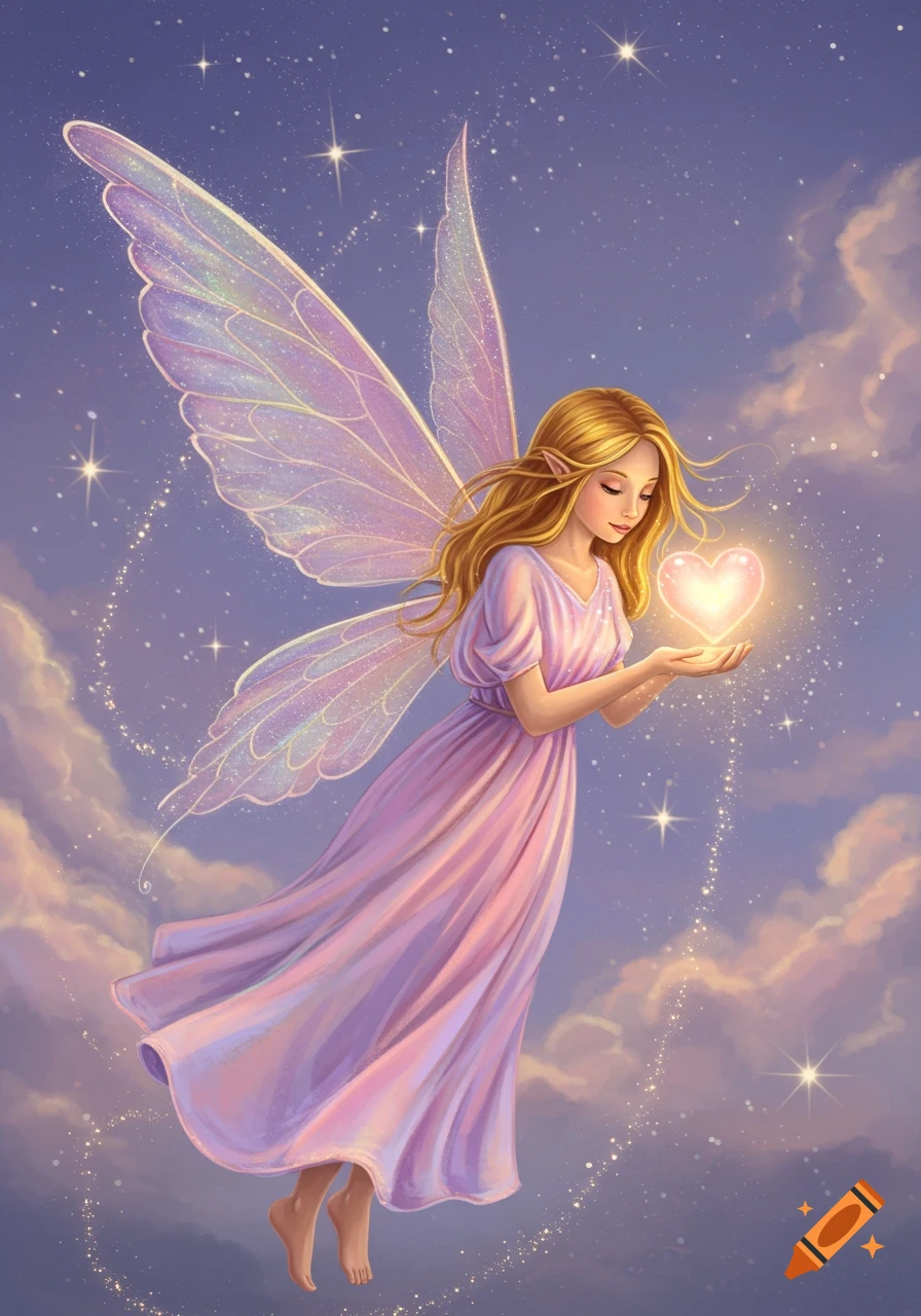 A magical fairy with long blonde hair and iridescent wings floats in a starry sky, gently holding a glowing pink heart.