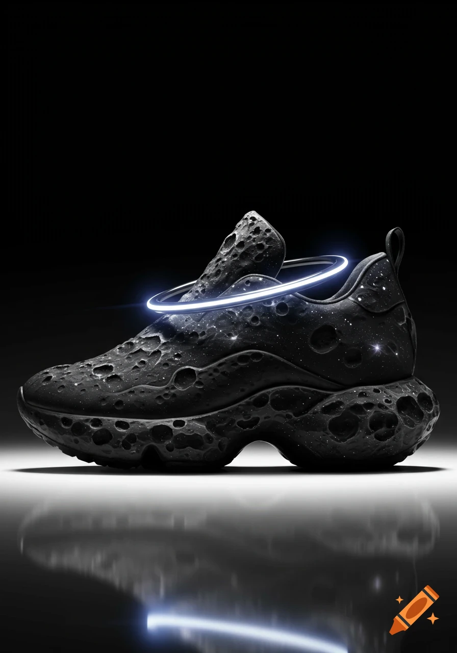 A black shoe with a cratered, asteroid-like texture and small white specks, with a glowing light-blue ring orbiting above, on a reflective surface.