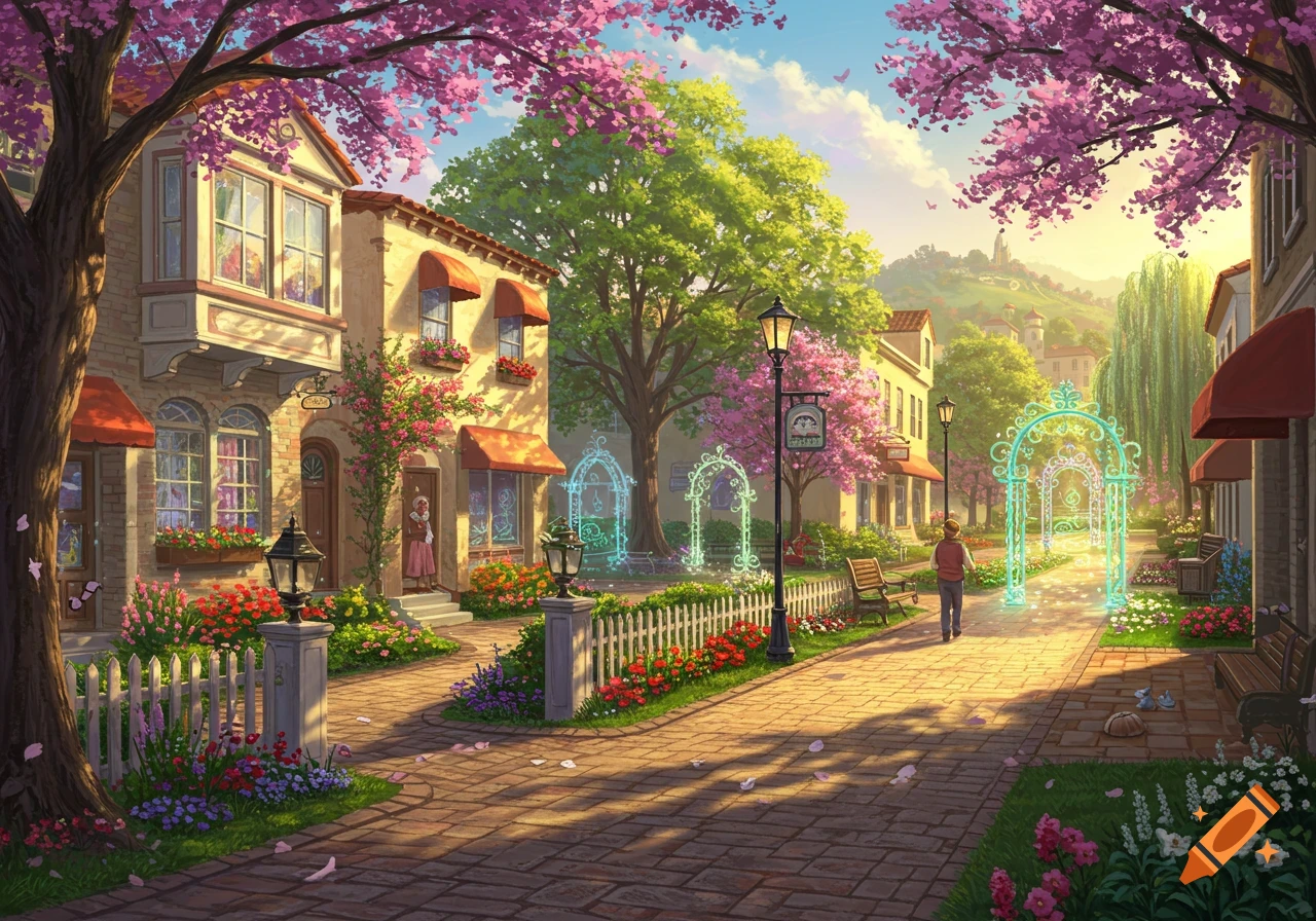 A colorful, whimsical town street scene with cherry blossom trees, charming buildings, and glowing archways leading down a path.