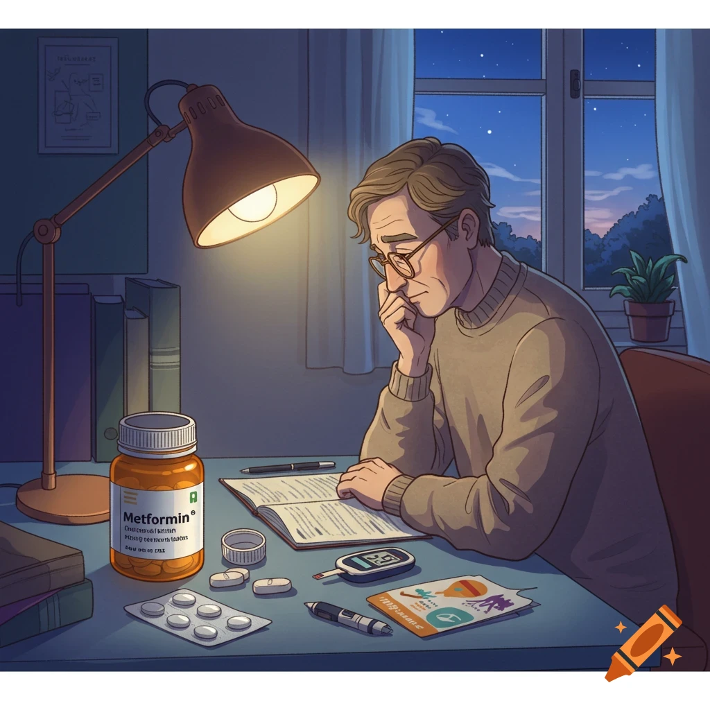 An older man with glasses sits at a desk under a lamp, reading a book at night. A bottle of Metformin, pills, and a blood glucose meter are on the desk in this stylized illustration.