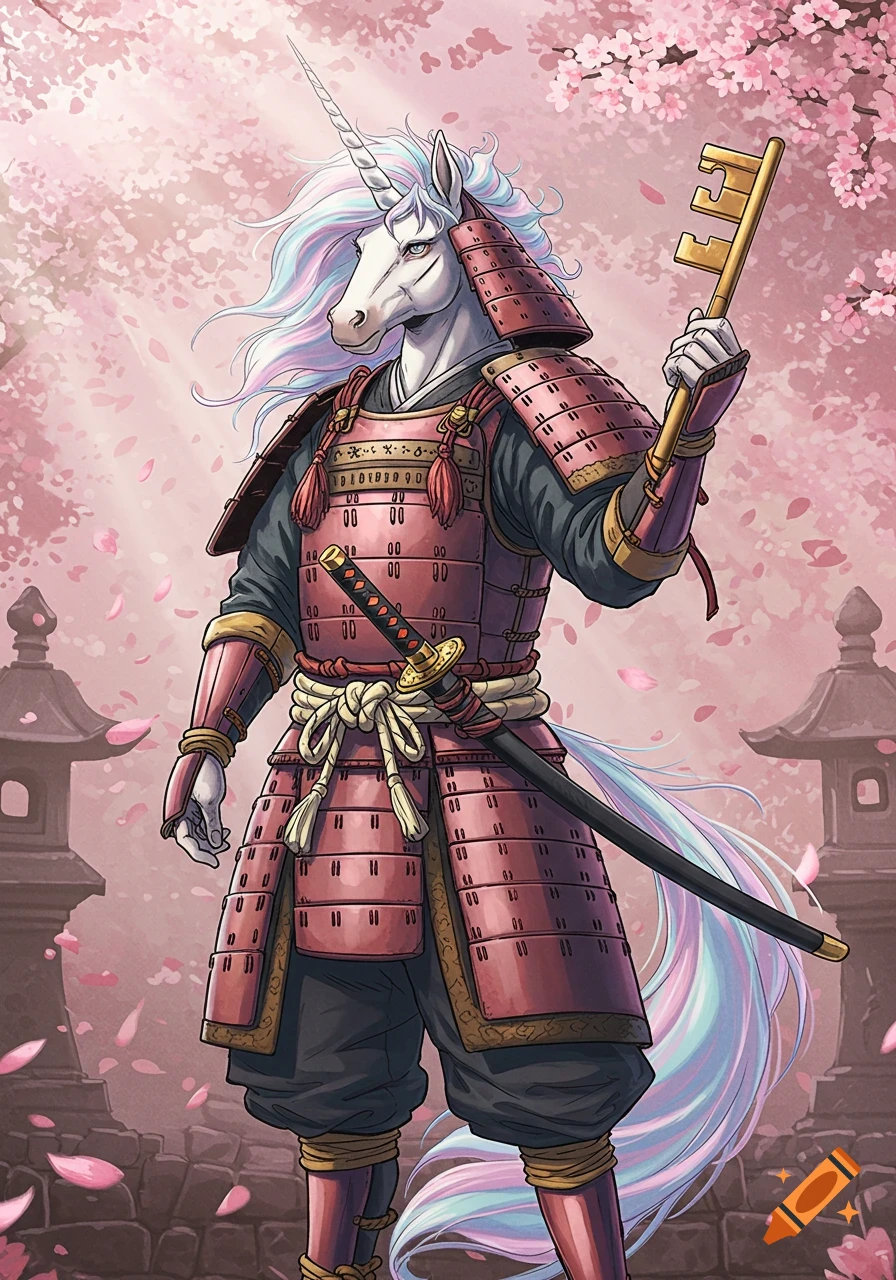 An anime-style unicorn samurai, with a flowing pastel mane, stands under pink cherry blossoms, holding a large golden key.