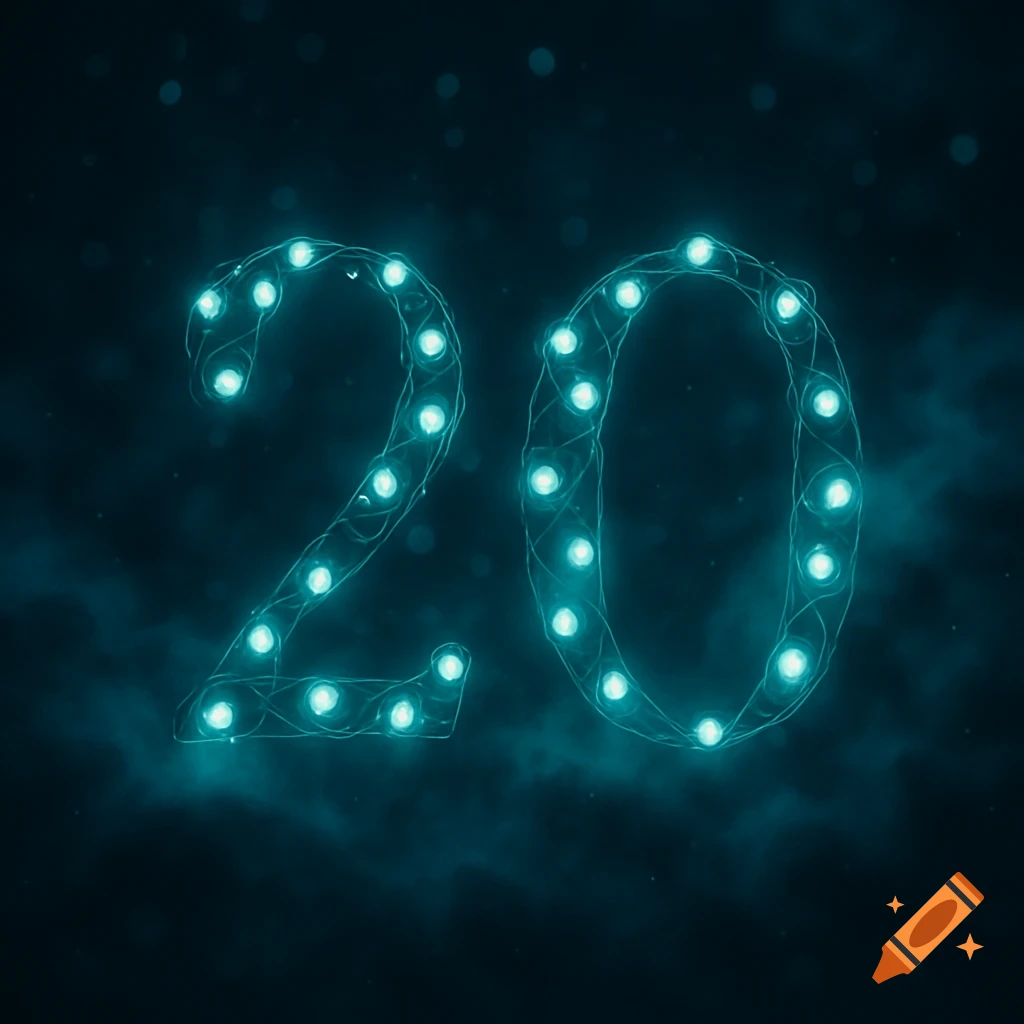 The number 20 made of glowing teal lights against a dark, smoky background with bokeh.