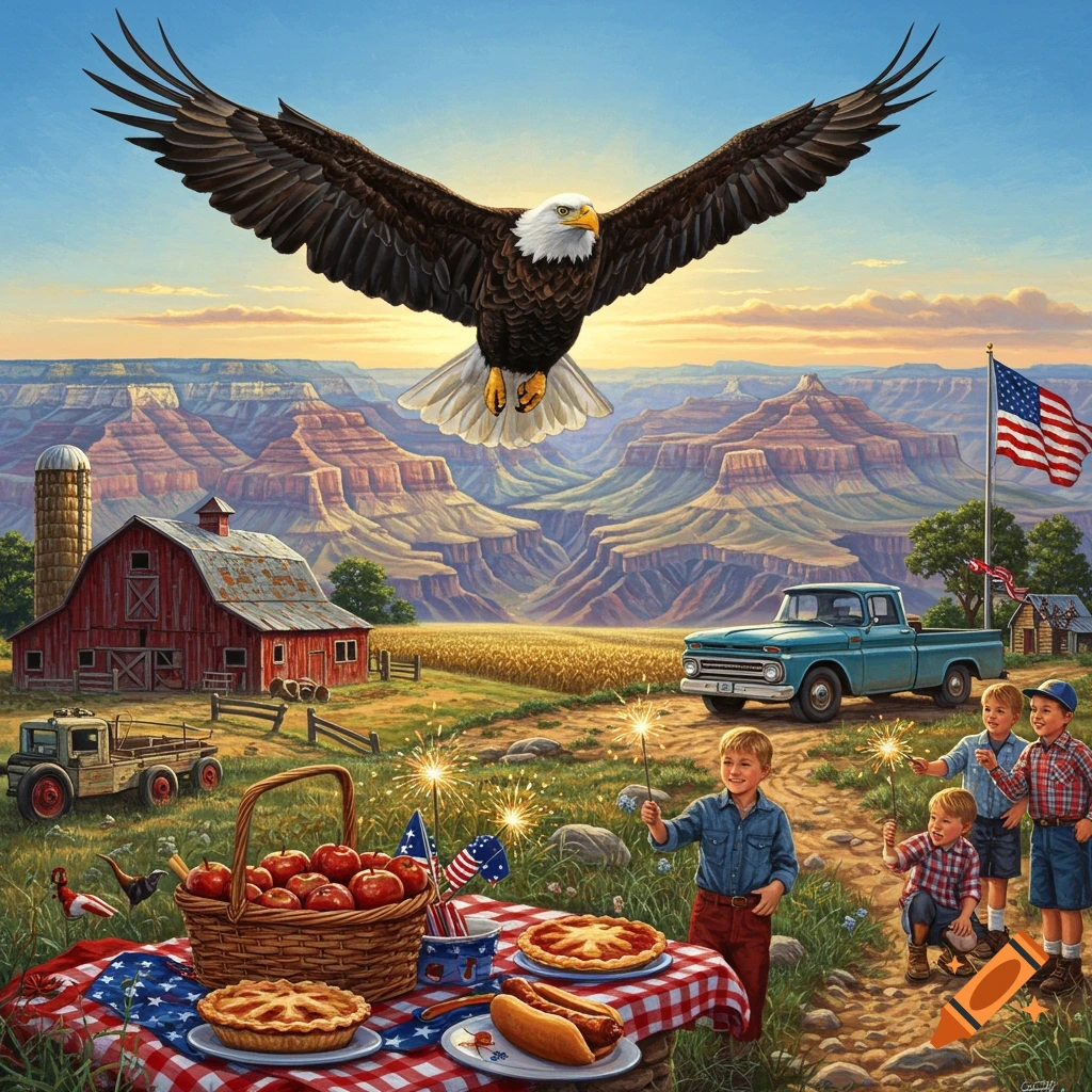 A majestic bald eagle soars over a picturesque American farm with a red barn and silo, set against a backdrop of the Grand Canyon. Four boys celebrate with sparklers near a picnic blanket laden with pies and hotdogs, next to an old blue pickup truck and an American flag.