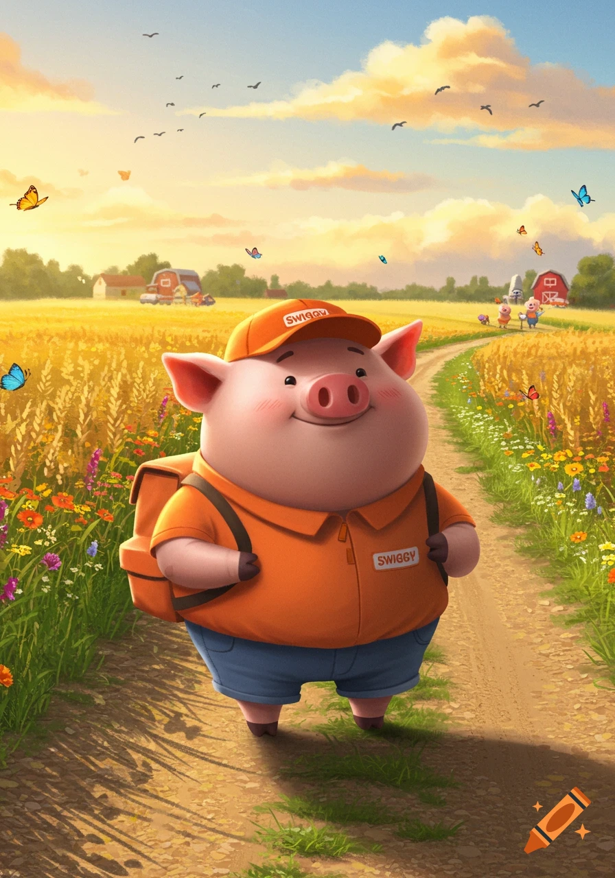 A cheerful cartoon pig in an orange Swiggy uniform and backpack walks on a path through a sunny golden field with wildflowers.