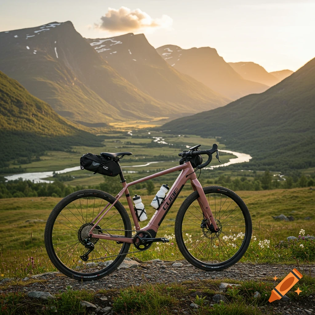 A pink gravel bike stands on a rocky path overlooking a vast, sunlit mountain valley with a winding river at sunset.