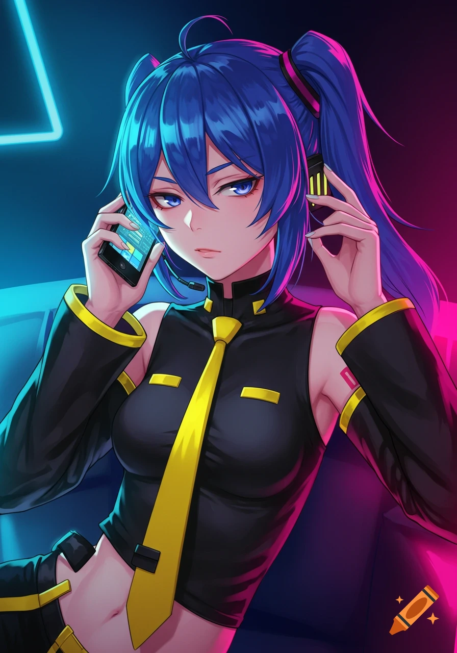 A blue-haired anime girl with pigtails, wearing a black and yellow outfit, holds a phone to her ear with a sullen expression, under neon lights.