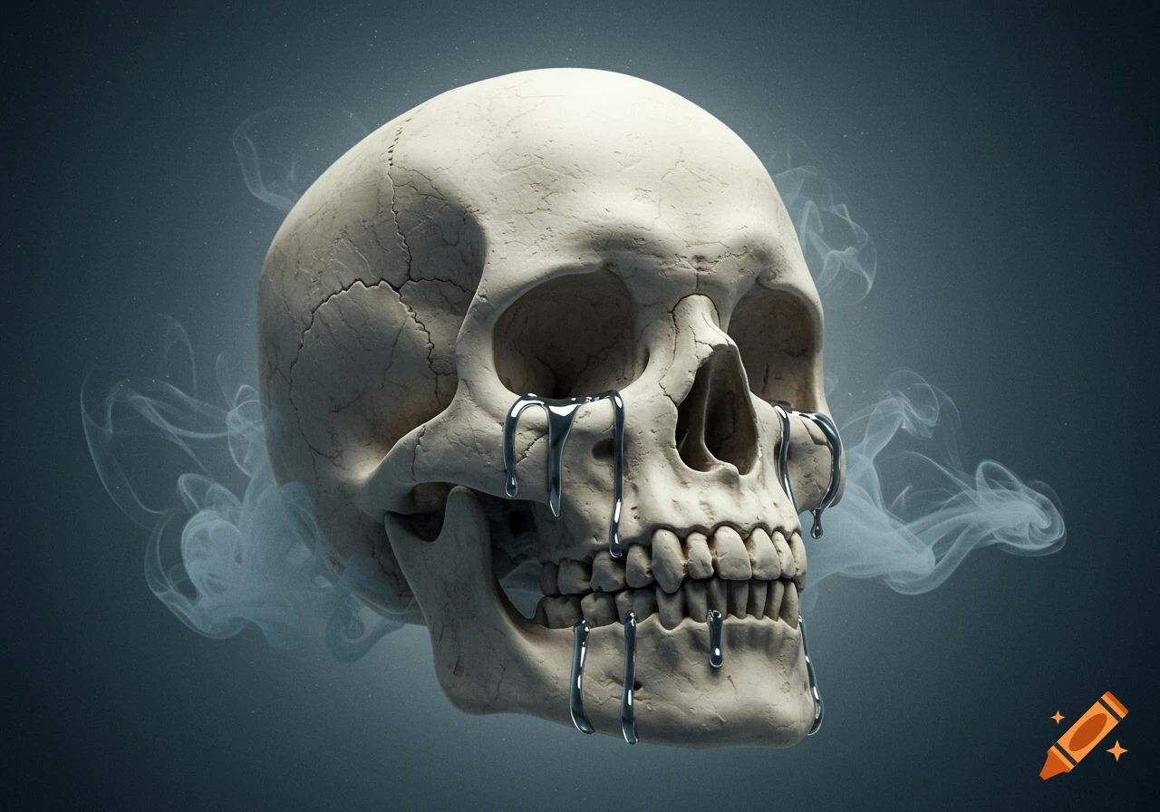 A close-up of a cracked, light-colored skull with metallic silver tears dripping from its eyes and jaw, surrounded by ethereal smoke.