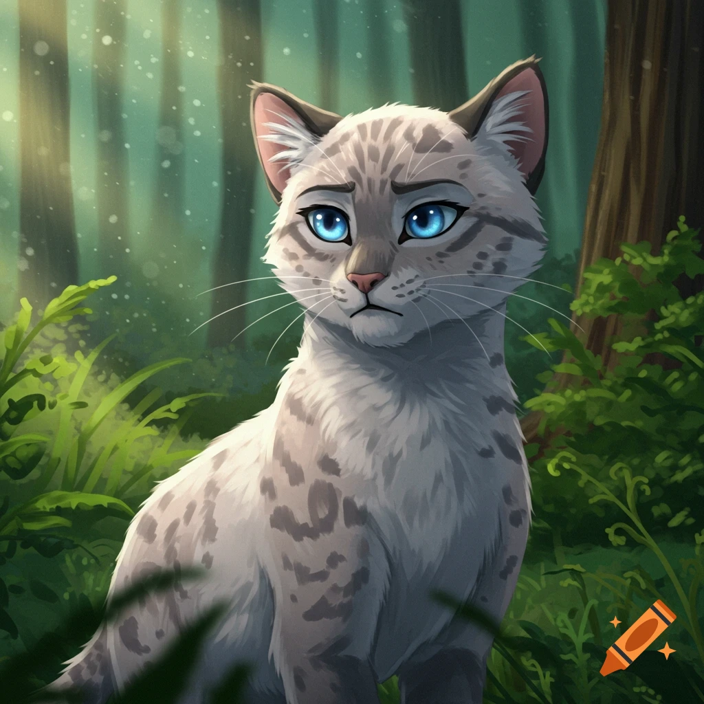 An animated cat with pale gray, speckled fur and bright blue eyes sits in a lush forest with light filtering through the trees.
