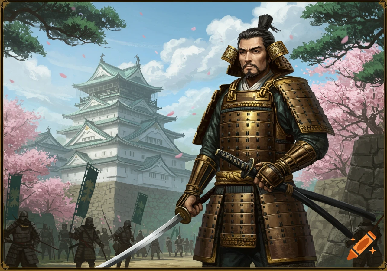 A samurai in golden armor holds a katana in front of a Japanese castle with cherry blossoms and other warriors.