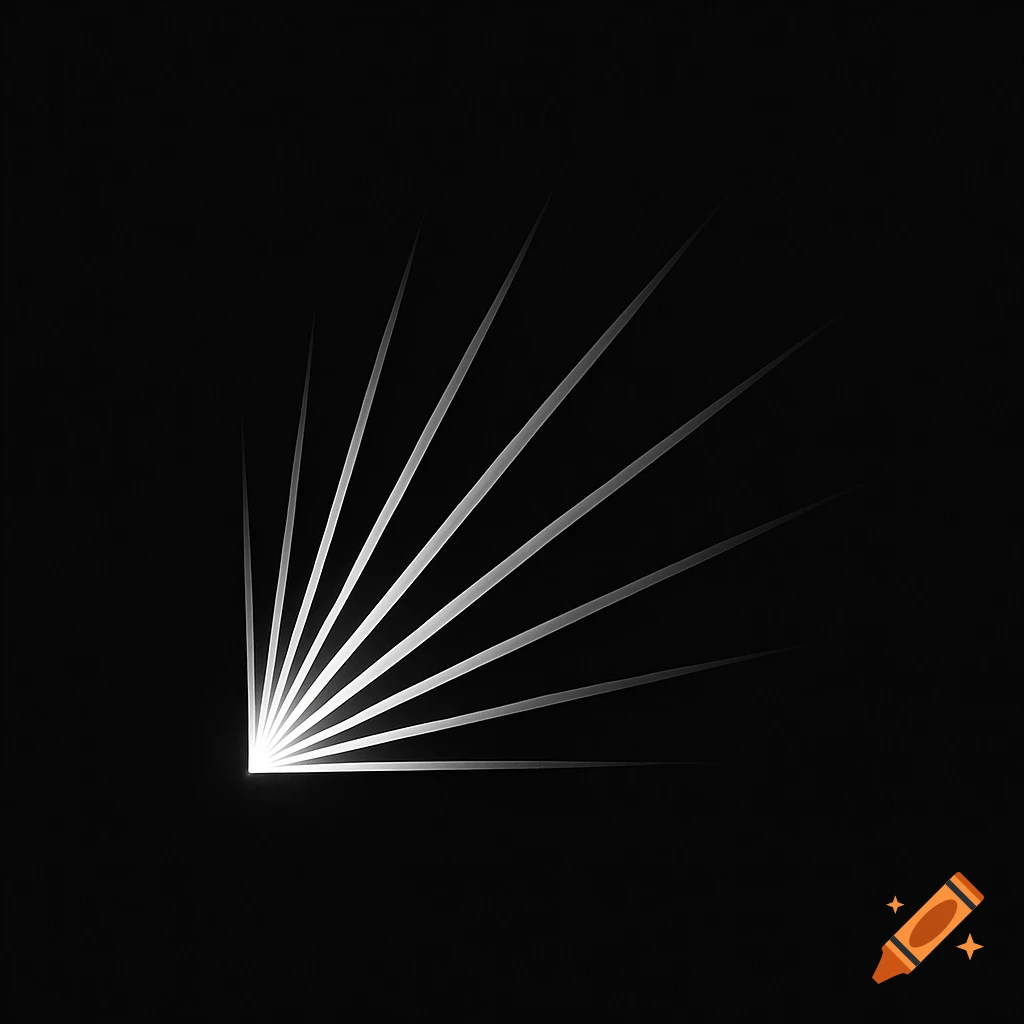 Minimalist abstract design of white light rays fanning from the bottom left on a black background.