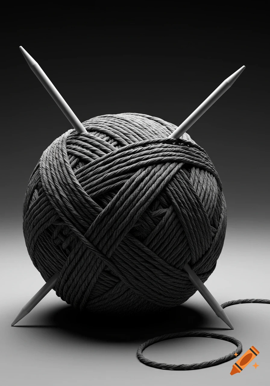 Close-up, black and white photorealistic image of a ball of yarn with two knitting needles crossed through it.