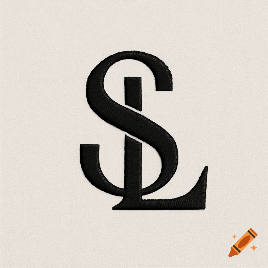 Black embroidered monogram of intertwining letters S and L on a light beige fabric.