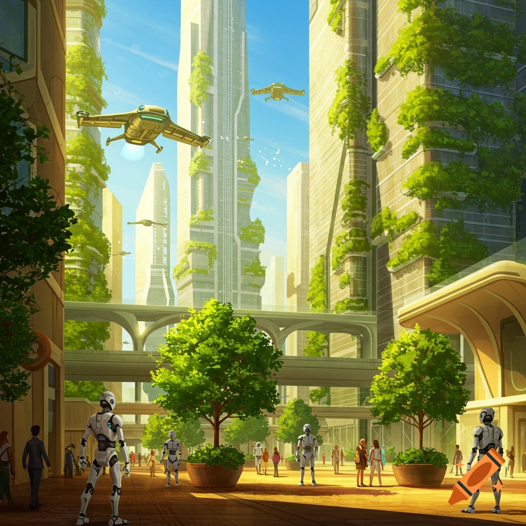 A vibrant futuristic city with green skyscrapers, flying cars, and ...