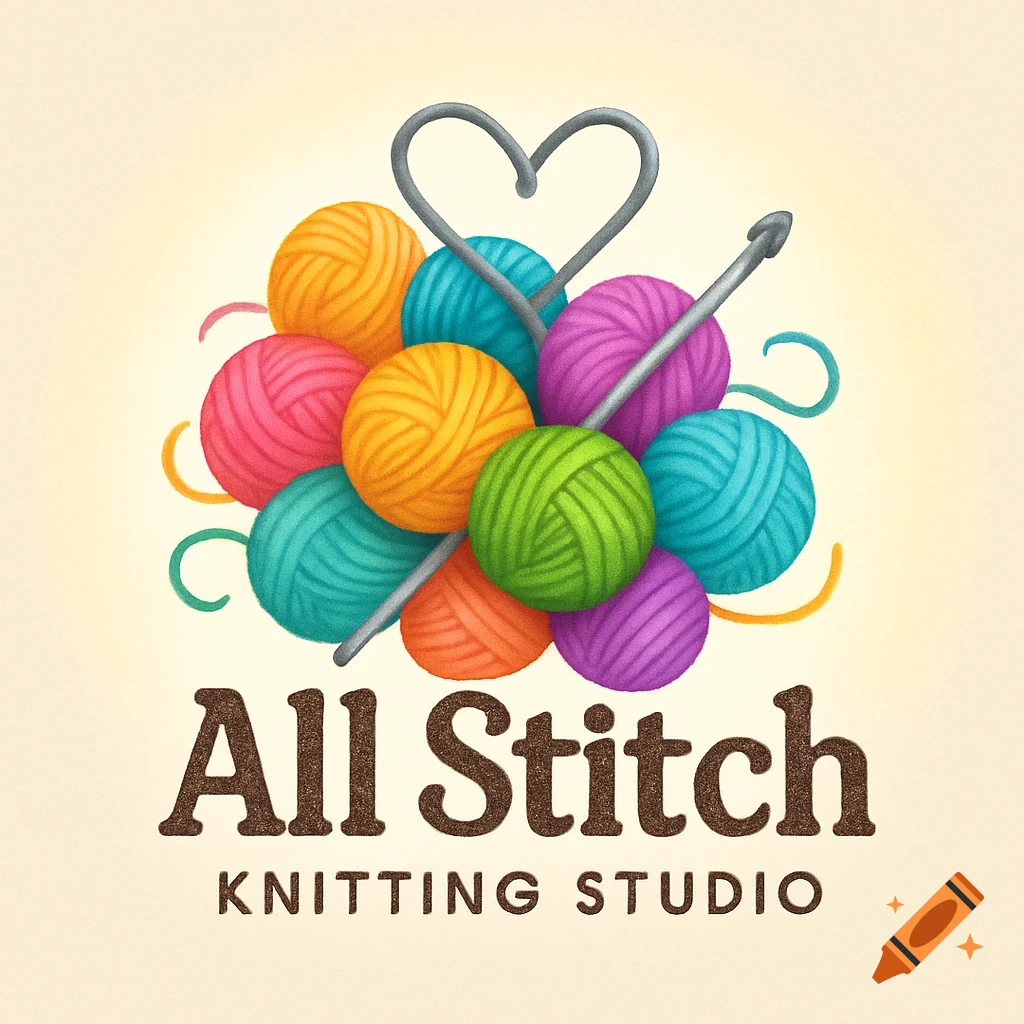 A colorful logo for 'All Stitch Knitting Studio' featuring a pile of yarn balls, a heart-shaped knitting needle, and a crochet hook.