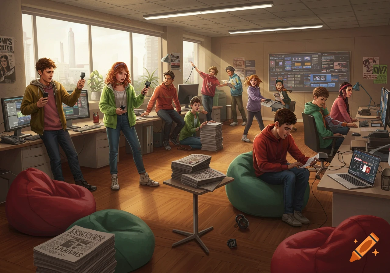 A group of diverse teenagers in a bustling newspaper editorial office, some on computers, others interacting, with stacks of newspapers around.