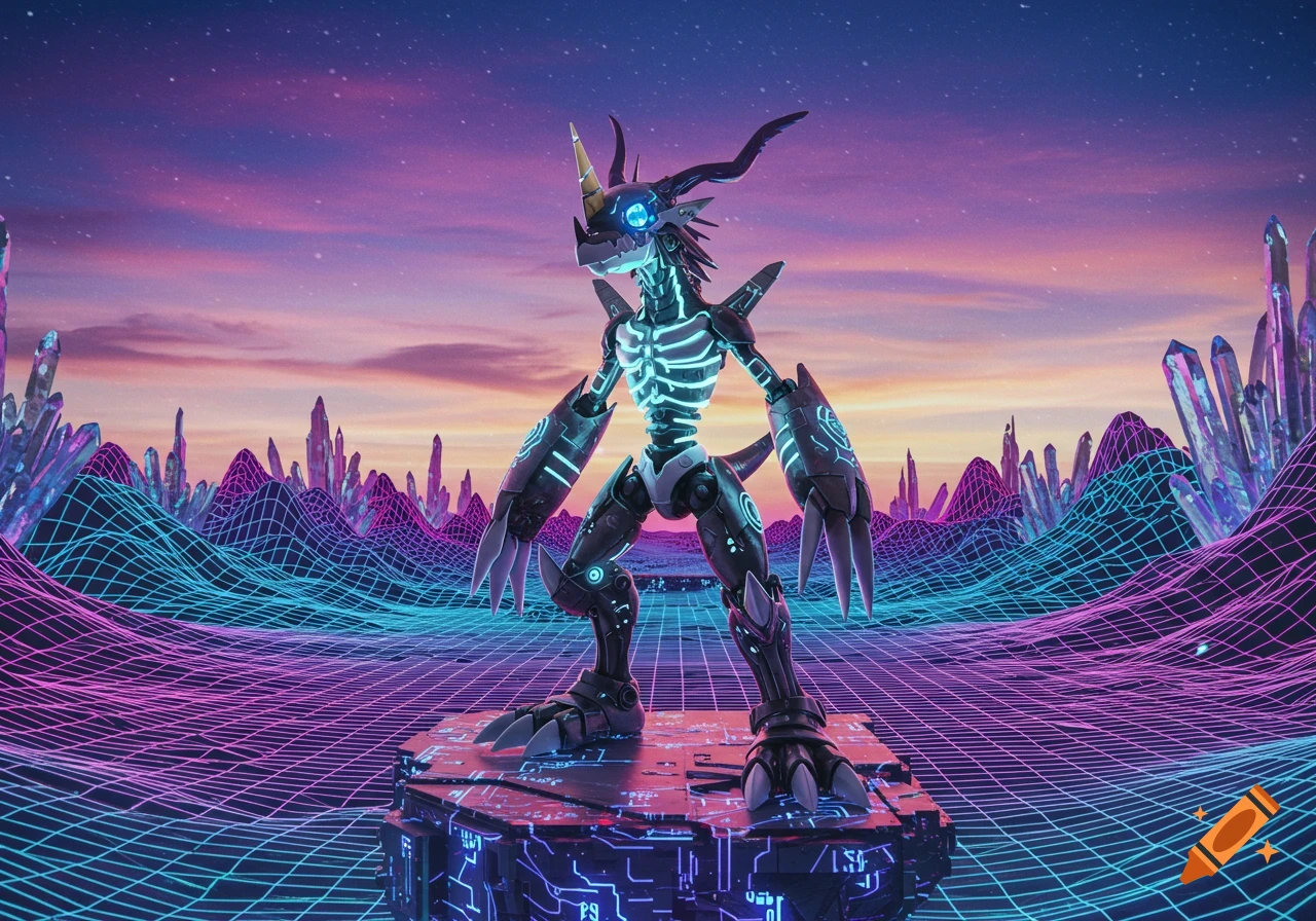 A glowing, skeletal robot creature stands on a neon platform in a synthwave landscape with grids, crystals, and a starry purple-blue sky.