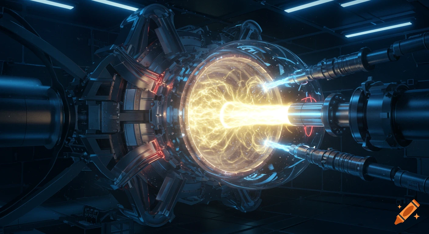 Futuristic thermonuclear fusion reactor with a bright yellow plasma core and blue energy beams in a dark, high-tech lab.